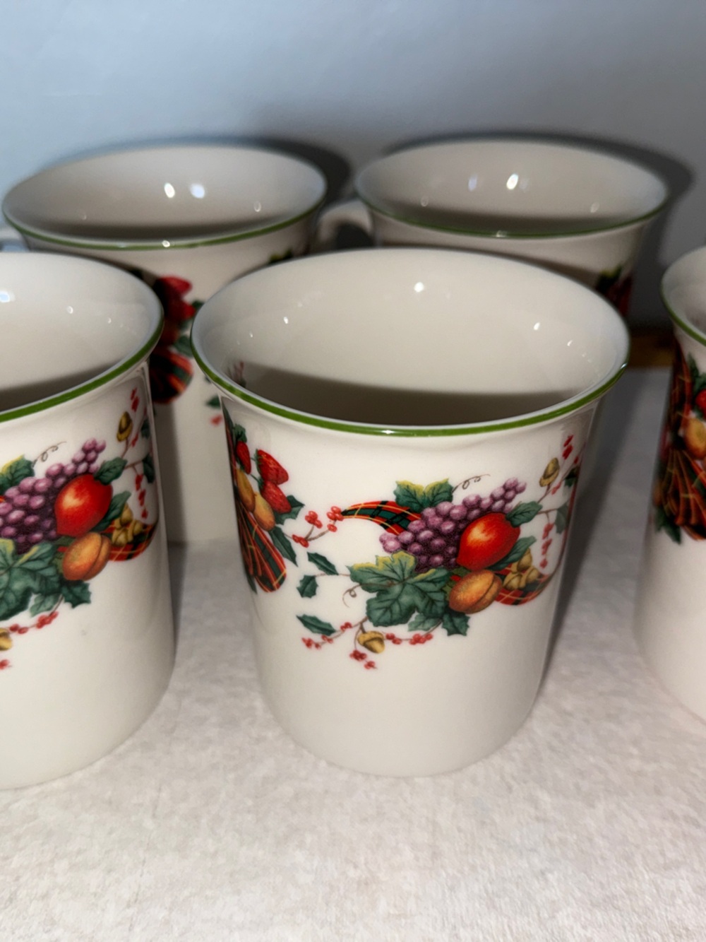 Fruit Basket Porcelain Mugs with Green Trim - Set of 6